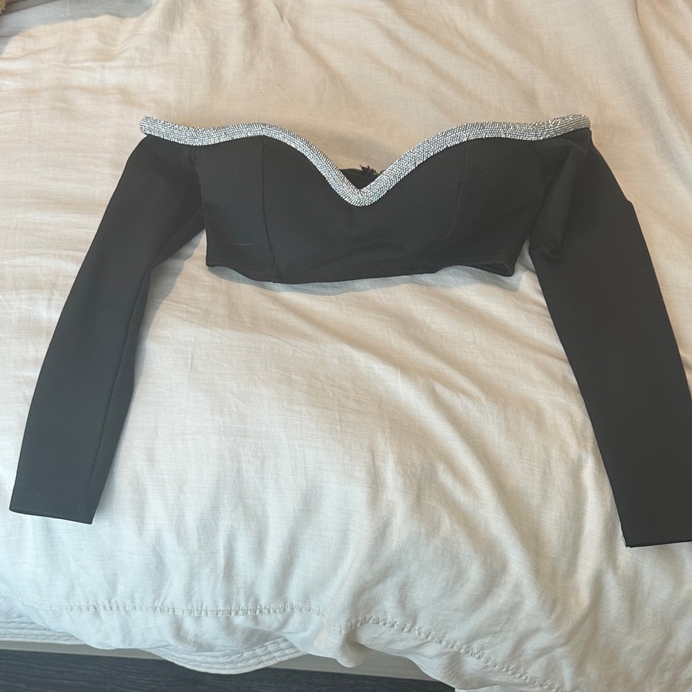 Fashion Nova Black Off-Shoulder Crop Top with Silver Detail